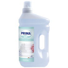 Dr. Schnell PRIMA SOFT von DR.SCHNELL GmbH & Co. KGaA ist ein flüssiger 3-Liter-Weichspüler in einer klaren Kunststoffflasche mit weißem Verschluss, integriertem Griff und einem Etikett mit gefalteten Handtüchern und einer rosa Blume - ideal für den professionellen Einsatz.