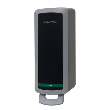 Der Dr. Schnell Spender V10N von DR.SCHNELL GmbH & Co. KGaA ist ein grau-schwarzer Wandseifenspender mit der Aufschrift "DR. SCHNELL" und "SEIFE", ideal für die hygienische Anwendung von Flüssigseife in Reinigungs- und Desinfektionsanlagen.