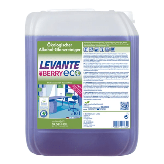 Egy 10 literes kiszerelés Dr. Schnell Levante Berry ECO a DR.SCHNELL GmbH & Co. KGaA-tól, lila folyadékkal és bogyós illattal. A német címke termékadatokat és egy tiszta irodai illusztrációt mutat.