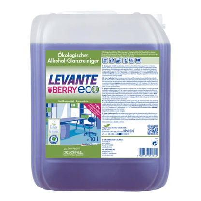 Egy 10 literes kiszerelés Dr. Schnell Levante Berry ECO a DR.SCHNELL GmbH & Co. KGaA-tól, lila folyadékkal és bogyós illattal. A német címke termékadatokat és egy tiszta irodai illusztrációt mutat.
