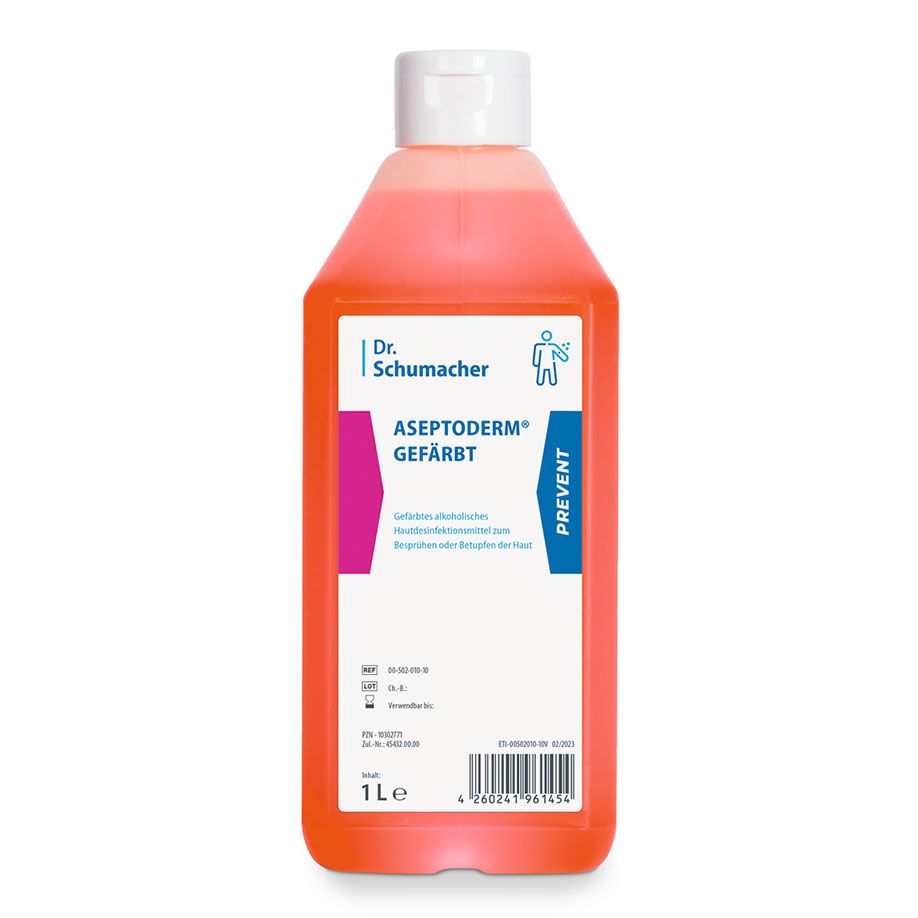 Egy 1 literes Dr. Schumacher ASEPTODERM GEFÄRBT üveg a Dr. Schumacher GmbH-tól rózsaszín folyadékkal, fehér kupakkal és kék-rózsaszín címkével áll függőlegesen egy egyszerű fehér háttér előtt.