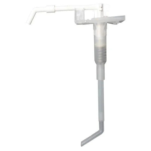 A Dr. Schumacher GmbH Dr. Schumacher műanyagpumpája egy fehér, robusztus adagolópumpa hosszú, ferde csővel és vízszintes kifolyóval - ideális folyadékok nagy tartályokból történő adagolására.