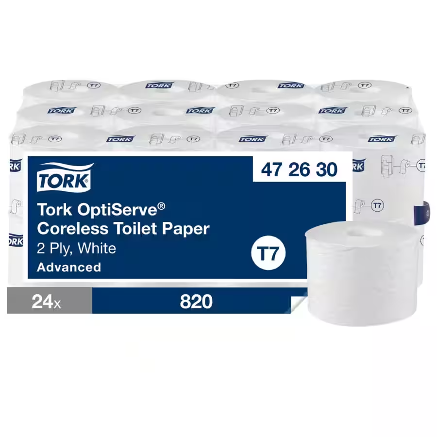 Tork OptiServe mag nélküli toalettpapír, 2 rétegű, fehér, rendszer T7, 24 tekercs, 820 lap