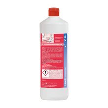 Egy fehér műanyag palack piros kupakkal. A címkén német utasítások és veszélyszimbólumok láthatók, amelyek azt jelzik, hogy egy Dr. Becher SR 100 szaniter karbantartó tisztítószer Fresh található benne a Dr. Becher GmbH-tól.