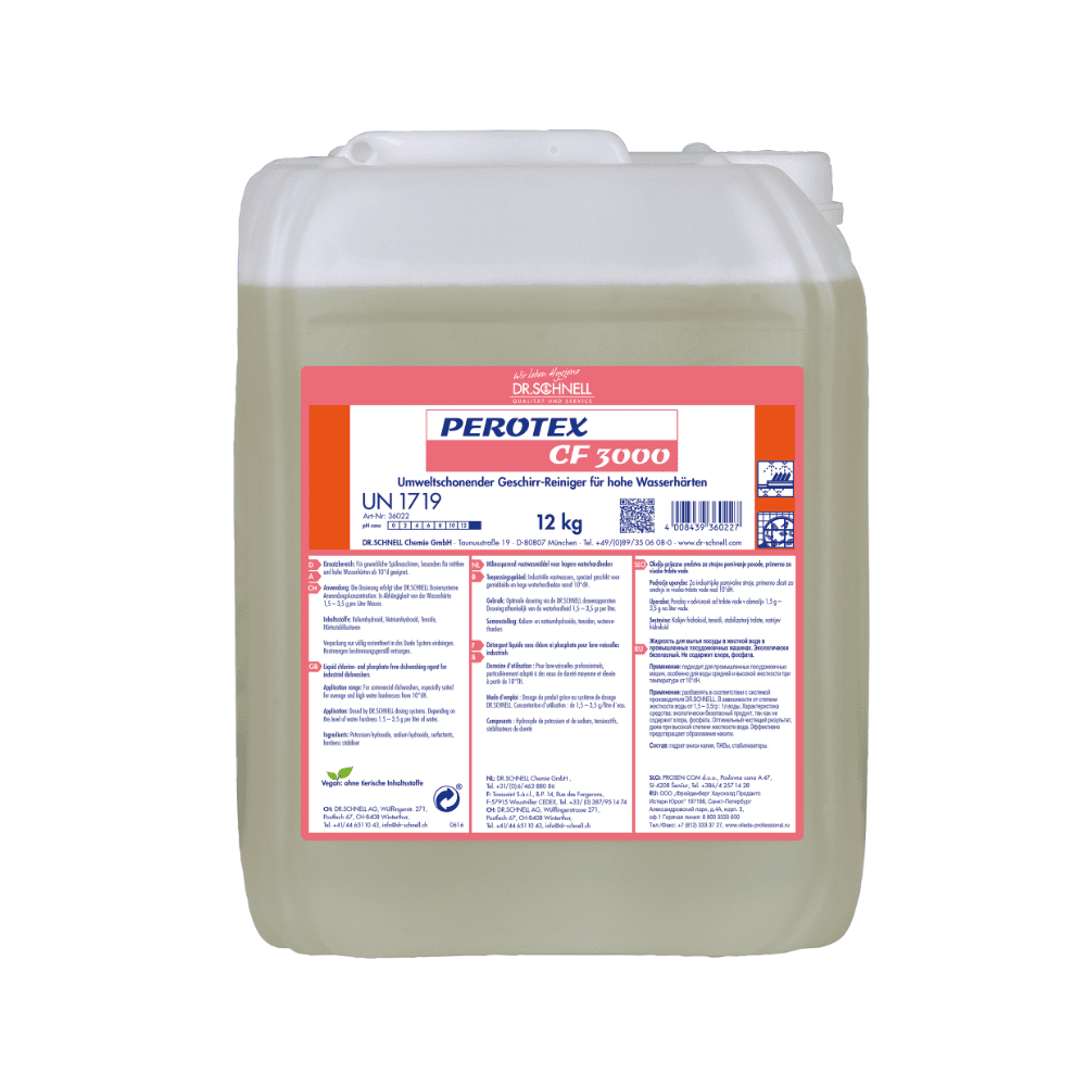 Egy 12 kg átlátszó műanyag tartály fogantyúval, tele Dr. Schnell Perotex CF 3000 edénytisztítóval a DR.SCHNELL GmbH & Co. KGaA-tól. A fehér-piros címke kék termékinformációkat és használati utasításokat mutat kemény vízhez.