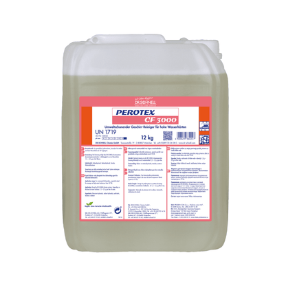 Egy 12 kg átlátszó műanyag tartály fogantyúval, tele Dr. Schnell Perotex CF 3000 edénytisztítóval a DR.SCHNELL GmbH & Co. KGaA-tól. A fehér-piros címke kék termékinformációkat és használati utasításokat mutat kemény vízhez.