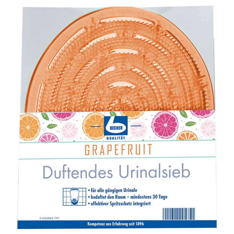Aromás, grapefruit illatú piszoárrostély a(z) Dr. Becher GmbH-tól, narancssárga, kerek szőnyeggel, amely egy átlátszó előlap mögött látható. A címke gyümölcsillusztrációkat és egy német szöveget tartalmaz, amely leírja