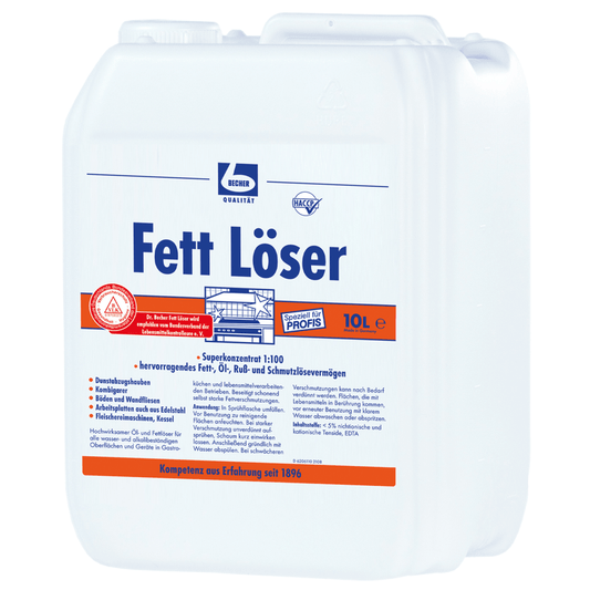 Fehér műanyag kanna, rajta a „Dr. Becher „Zsíroldó”, termékinformációk és logók kék és piros színben. A 10 literes űrtartalom feltüntetve. Biztonsági és használati utasítások.