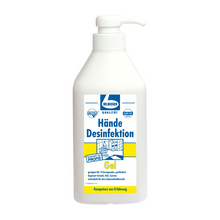 Eine Flasche Händedesinfektionsgel mit Dispenser von Dr. Becher GmbH mit Pumpspender. Das Etikett ist überwiegend in Blau und Gelb gehalten und zeigt Text und Grafiken, die auf die Verwendung zur professionellen Händehygiene hinweisen.