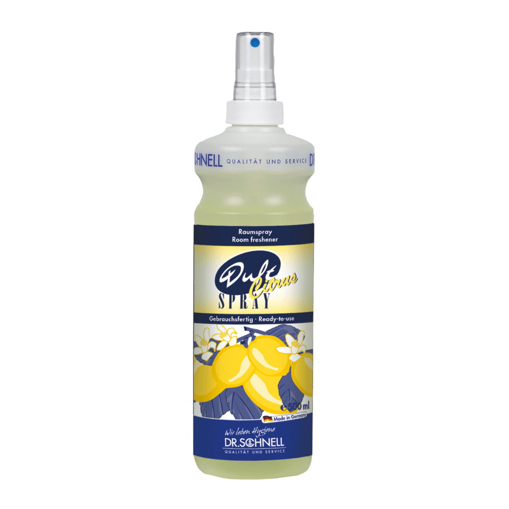 Egy 500 ml-es DR.SCHNELL Citrus illatosító spray a DR.SCHNELL GmbH & Co. KGaA-tól, friss citromillattal és kétnyelvű (német/angol) címkével, citrus motívummal és fehér szórófejjel.