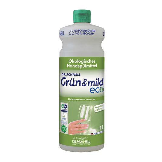 Dr. Schnell A GRÜN & MILD ECO gazdaságos, környezetbarát kézmosószer fehér-zöld műanyag palackban kapható. A címkén egy borospoharat mosó kéz látható, valamint egy német nyelvű szöveg, amely kiemeli a termék környezetbarát előnyeit és bőrbarát tulajdonságait. A DR.SCHNELL GmbH & Co. KGaA által gyártott palack zöld kupakkal rendelkezik, amely HACCP-tanúsítvánnyal rendelkezik.