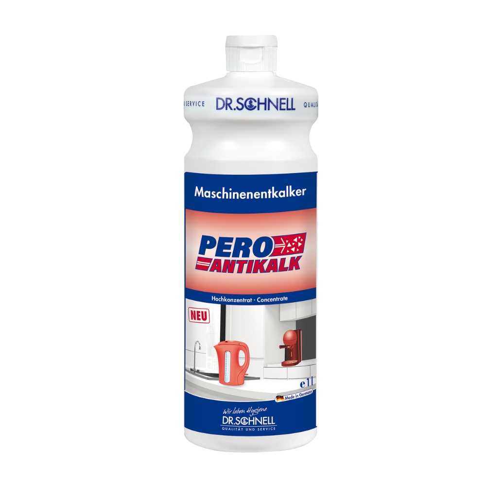 A Dr. Schnell PERO ANTIKALK géptisztító, a DR.SCHNELL GmbH & Co. KGaA 1 literes palackja, címkéjén egy piros vízforraló és egy konyhai mosogató képe látható. Ez a koncentrált vízkőoldó hatékonyan tartja kávéfőzőit és forróvíz-készítőit tökéletes állapotban.