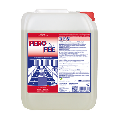 Egy nagy fehér műanyag tartály piros fedéllel viseli a „Dr. Schnell PeroFee vízkőoldó, használatra kész” feliratot, német szöveggel és egy stilizált fürdőszobát mosdókkal és tükrökkel ábrázoló képpel van ellátva, ezért ideális saválló felületekre. A DR.SCHNELL GmbH & Co. KGaA által gyártott 10 literes tartály tisztítószerek tárolására van tervezve.