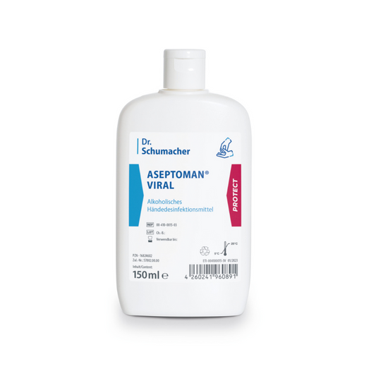 Eine Flasche Dr. Schumacher Aseptoman® Viral Händedesinfektion. Das Etikett ist weiß mit blauen und rosa Akzenten und zeigt Produktdetails und ein Handpumpensymbol.