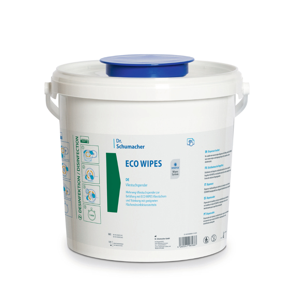 Egy fehér Eco Wipes textiladagoló törlőkendők nélkül, műanyagból, a Dr. Schumacher GmbH-tól, a „Dr. Schumacher ECO WIPES” felirattal és kék fedéllel. A tartály termékinformációkat és használati utasításokat tartalmaz, valamint szimbólumokat, amelyek fertőtlenítő tulajdonságokra utalnak, és újrahasznosítási információkat.