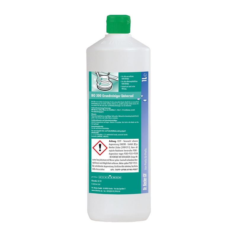 Egy fehér Dr. Becher BO 300 Univerzális alaptisztító fehér kupakkal rendelkezik, német nyelvű útmutatóval, vízálló padlóburkolatokhoz való padlótisztító gép ábrájával és feltűnő figyelmeztető szimbólummal az etiketton.