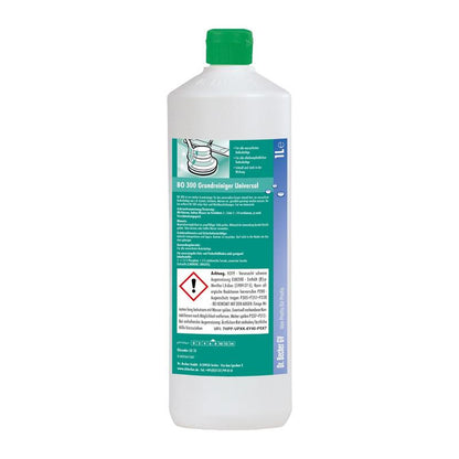 Egy fehér Dr. Becher BO 300 Univerzális alaptisztító fehér kupakkal rendelkezik, német nyelvű útmutatóval, vízálló padlóburkolatokhoz való padlótisztító gép ábrájával és feltűnő figyelmeztető szimbólummal az etiketton.