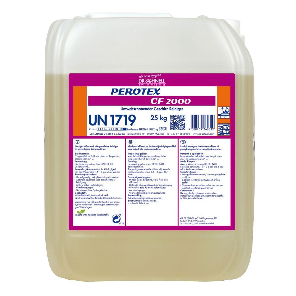 Egy 25 kg-os műanyag tartály a DR.SCHNELL GmbH & Co. KGaA Dr. Schnell PEROTEX CF 2000 klórmentes mosogatószerével, többnyelvű utasításokkal, biztonsági szimbólumokkal és az UN 1719 veszélyes anyag kóddal jelölve.