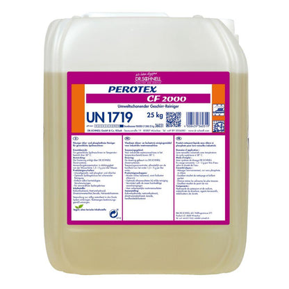 Egy 25 kg-os műanyag tartály a DR.SCHNELL GmbH & Co. KGaA Dr. Schnell PEROTEX CF 2000 klórmentes mosogatószerével, többnyelvű utasításokkal, biztonsági szimbólumokkal és az UN 1719 veszélyes anyag kóddal jelölve.
