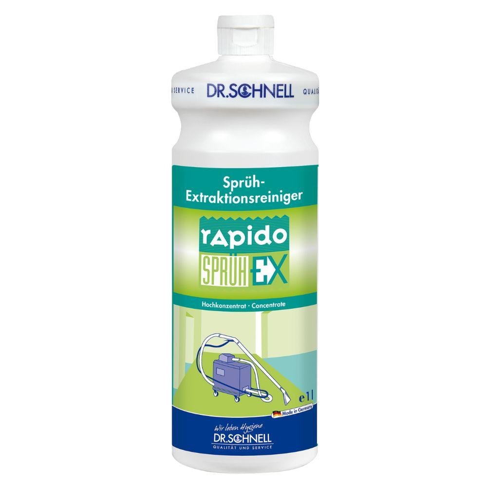 Egy 1 literes Dr. Schnell RAPIDO SPRÜH-EX flakon szőnyegekhez és kárpitokhoz a DR.SCHNELL GmbH & Co. KGaA-tól, fehér kupakkal, zöld címkével használati utasítással és egy permetezéses extrakciós tisztítógép kék grafikájával.