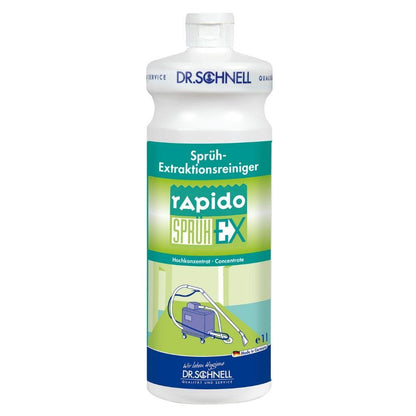 Egy 1 literes Dr. Schnell RAPIDO SPRÜH-EX flakon szőnyegekhez és kárpitokhoz a DR.SCHNELL GmbH & Co. KGaA-tól, fehér kupakkal, zöld címkével használati utasítással és egy permetezéses extrakciós tisztítógép kék grafikájával.