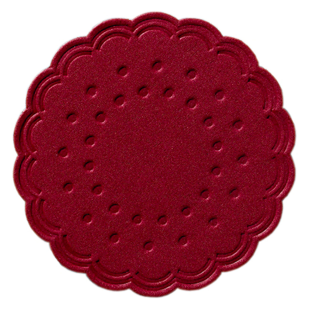 A Duni Tissue poháralátét, a Duni GmbH bordó színű, kerek poháralátétje hullámos széllel és dombornyomott kör alakú mélyedésekkel rendelkezik, és többrétegű kialakításában egyesíti az eleganciát és a funkcionalitást.