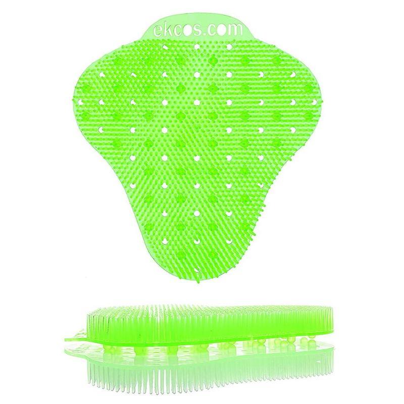 A világoszöld Ekcos Ekcoscreen piszoárszőnyeg - 60+ napos a Diversey Deutschland GmbH & Co. OHG-tól sörtékkel, egyenletesen elosztott lyukakkal a higiénikus tisztításhoz és az "ekcos.com" felirat a tetején. Elöl- és oldalnézetben ábrázolva.