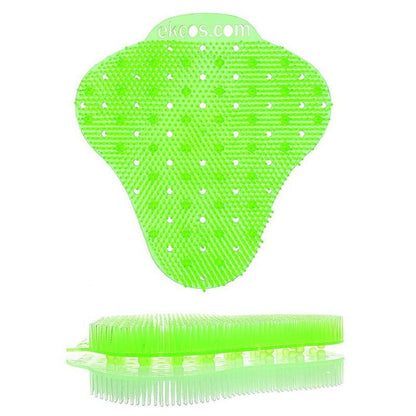 A világoszöld Ekcos Ekcoscreen piszoárszőnyeg - 60+ napos a Diversey Deutschland GmbH & Co. OHG-tól sörtékkel, egyenletesen elosztott lyukakkal a higiénikus tisztításhoz és az "ekcos.com" felirat a tetején. Elöl- és oldalnézetben ábrázolva.