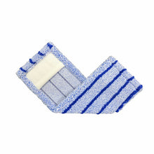 Das Arcora RUNNER BLUE - FC OHNE DECKBLATT von Arcora International GmbH ist ein blau-weiß gestreiftes Mikrofaser-Mop-Pad auf weißem Hintergrund, das mit einer rechteckigen Klettfläche ideal für alle Arten von strapazierfähigem Bodenbelag ist.