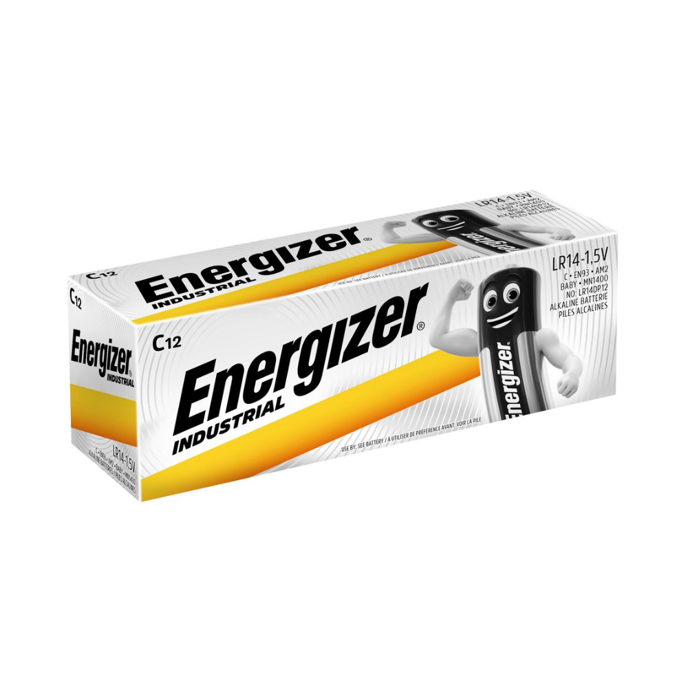 Egy doboz Energizer alkáli elem, C/Baby, 1,5 V | Csomag (12 darab) az Energizer Deutschland GmbH-tól. A fehér, sárga és szürke csomagolás jól láthatóan mutatja az Energizer logót és egy elemfigurát. A doboz 12 C/Baby 1,5 V Energizer alkáli elemet tartalmaz, és hosszan tartó energiát biztosít az eszközei számára.