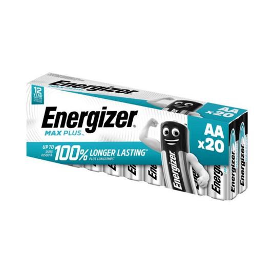 A képen egy 20 darabos Energizer Max Plus Mignon AA elemcsomag látható, amelyet az Energizer Deutschland GmbH gyárt. A csomagoláson a „100 %-kal hosszabb élettartam” és a 12 éves szavatossági idő szerepel. Az „Energizer Max Plus” márkanév jól láthatóan szerepel a csomagoláson, egy karokkal rendelkező elemfigurával együtt, ami az elem hosszú élettartamát és megbízhatóságát hangsúlyozza.