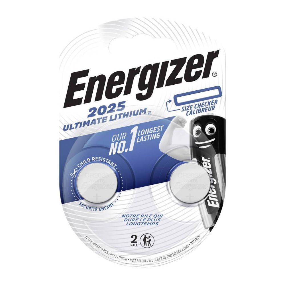 Eine Packung mit zwei Energizer Spezialbatterie Ultimate Lithium CR-Typ 2025-Knopfzellen von Energizer Deutschland GmbH mit kindersicherem, langlebigem Design und sichtbarer Markenkennzeichnung und Größenprüfung auf der Verpackung.