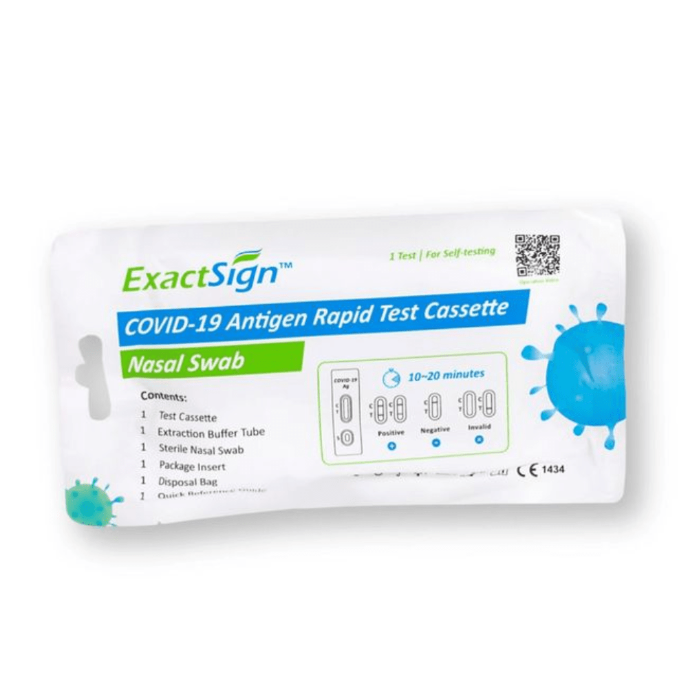 ExactSign Covid-19 Antigén Gyorsteszt (Laikusteszt), Softpack: Önteszt-készlet orrkenettel, tartalomlista, eredményidő 10-20 perc és értelmezési segédlet pozitív/negatív/érvénytelen eredményekhez. Ideális a gyors SARS-CoV-2 teszteléshez otthon.