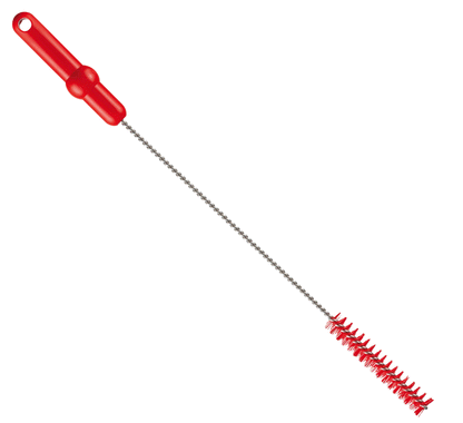 A Haug Bürsten KG csőtisztító kefe V2A rozsdamentes acélhuzallal és piros PP/PBT kemény sörtékkel, 500 x Ø20 mm, ideális a professzionális csőtisztításhoz, és különböző színekben kapható.