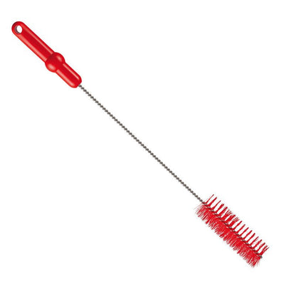 A Haug Bürsten A KG csőkefe V2A rozsdamentes acélhuzallal és PBT közepével (500 x ø40 mm, piros) higiénikus csőtisztításra lett kialakítva. Piros fogantyúja akasztólyukkal rendelkezik, sörtéi pedig pirosak, fehér háttér előtt.