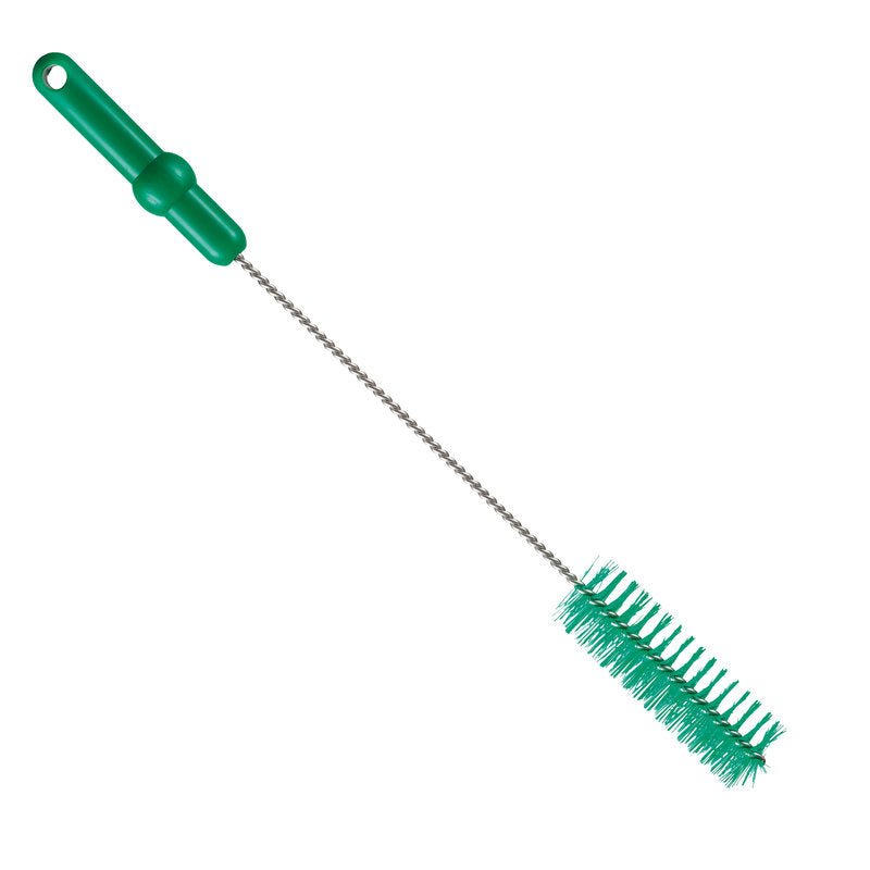 A Haug Bürsten A KG Haug csőkefe V2A rozsdamentes acélhuzallal, PBT közepével, 500 x ø40 mm-es méretben, zöld színben, merev sörtékkel és tartós, sodrott nyéllel ideális a higiénikus csőtisztításhoz; fehér háttér előtt ábrázolva.