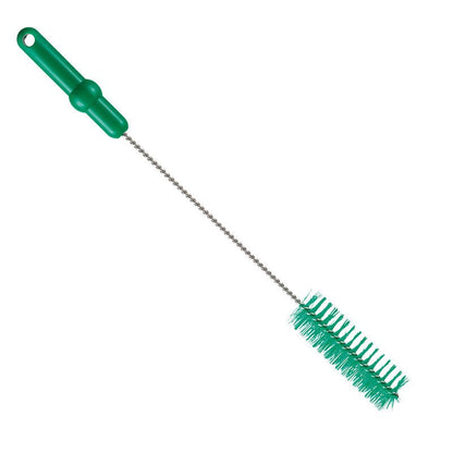 A Haug Bürsten A KG Haug csőkefe V2A rozsdamentes acélhuzallal, PBT közepével, 500 x ø40 mm-es méretben, zöld színben, merev sörtékkel és tartós, sodrott nyéllel ideális a higiénikus csőtisztításhoz; fehér háttér előtt ábrázolva.