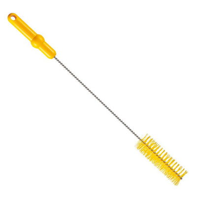 A Haug Bürsten A KG csőkefe V2A rozsdamentes acélhuzallal, PBT közepével, 500 x ø40 mm-es méretben, sárga színben, csavart fémnyéllel, sárga műanyag markolattal és fehér alapon elhelyezett sörtékkel rendelkezik a csövek higiénikus tisztításához.
