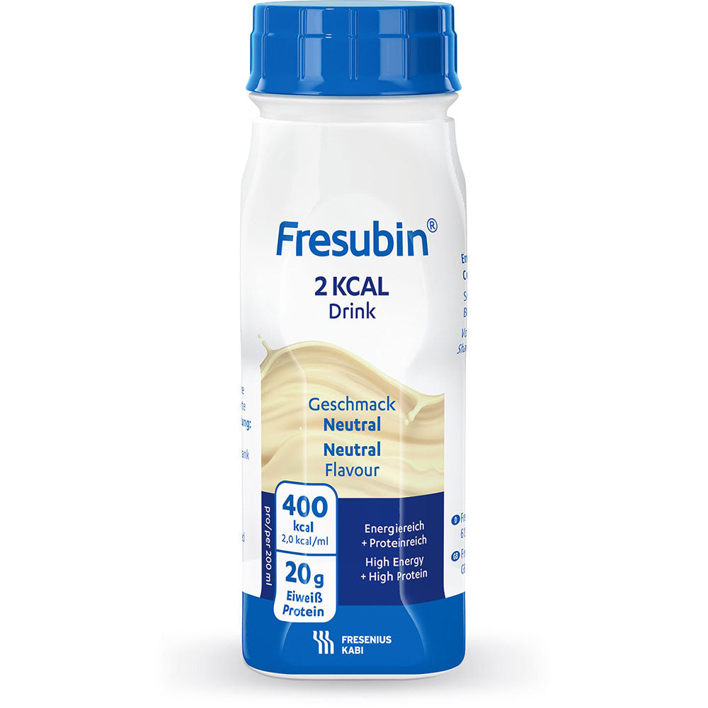 Fresubin 2 kcal Drink 200 ml von Fresenius Kabi Deutschland GmbH, geschmacksneutral, bietet 400 kcal und 20g Eiweiß pro Flasche. Die Verpackung ist weiß mit blauer Beschriftung und einem blauen Verschluss.