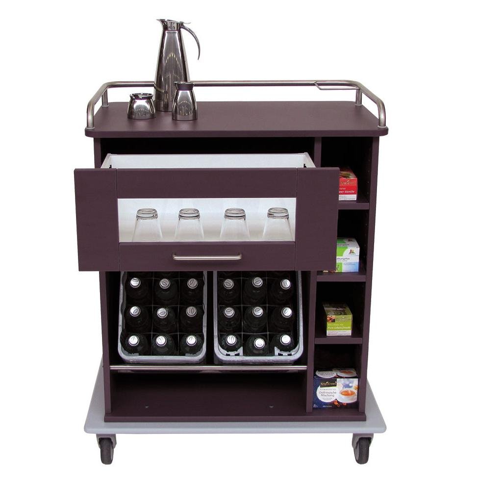 A Novocal mobilis tálalószekrény robusztus teljes műanyag kerettel rendelkezik, fiókokkal poharak számára, tárolóhellyel italos palackok számára és oldalsó polcokkal tea- vagy kávétartályok számára - ideális a higiénikus szállításhoz.