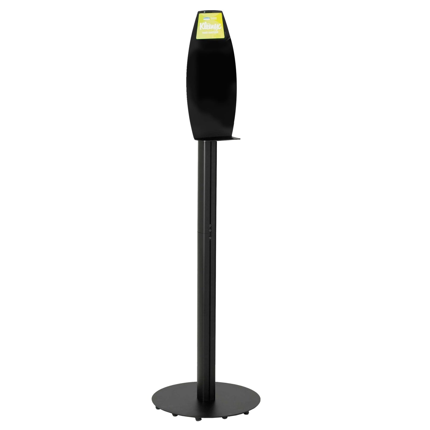 A fekete Kimberly-Clark Professional™ elektronikus kézmosószer állvány kerek talppal, egyenesen álló téglalap alakú tartóval, egy kis polccal és egy zöld táblával rendelkezik - ideális a higiénikus kézmosáshoz nyilvános helyeken. 1 adagoló kartononként. Márka: Kimberly-Clark GmbH.