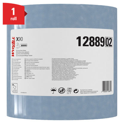 Egyetlen WypAll® X90 PowerClean tekercs (Kék, 1 tekercs x 450 lap, 12889 szám) a Kimberly-Clark GmbH-tól fehér címkével, szimbólumokkal és egy piros "1 tekercs" bannerral van ellátva - ideális ipari tisztításhoz.