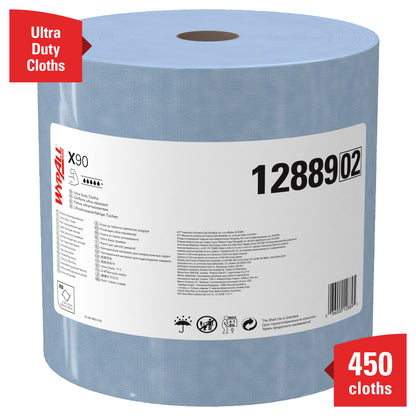Egy nagy kék WypAll® X90 PowerClean tekercs a Kimberly-Clark GmbH-tól (1 tekercs x 450 lap, 1288902 termék) fehér címkével, ikonokkal és piros bannerekkel, amelyeken az "Ultra Duty Cloths" és "450 kendő" feliratok szerepelnek.