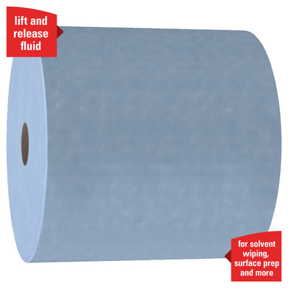 A Kimberly-Clark GmbH WypAll® X90 PowerClean tekercse egy nagy kék tekercs, amely 450 strukturált lapot tartalmaz, ideális oldószerek törlésére és felületelőkészítésre. A piros bannereken ez áll: "lift and release fluid" és "for solvent wiping, surface prep and more".
