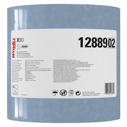 Egy nagy kék WypAll® X90 PowerClean tekercs (Kimberly-Clark GmbH), 12889 termékszámmal, fehér címkével, amelyen alkalmazási utasítások, tanúsítványok és szimbólumok találhatók; 450 lapot tartalmaz tekercsenként egy kartonban.