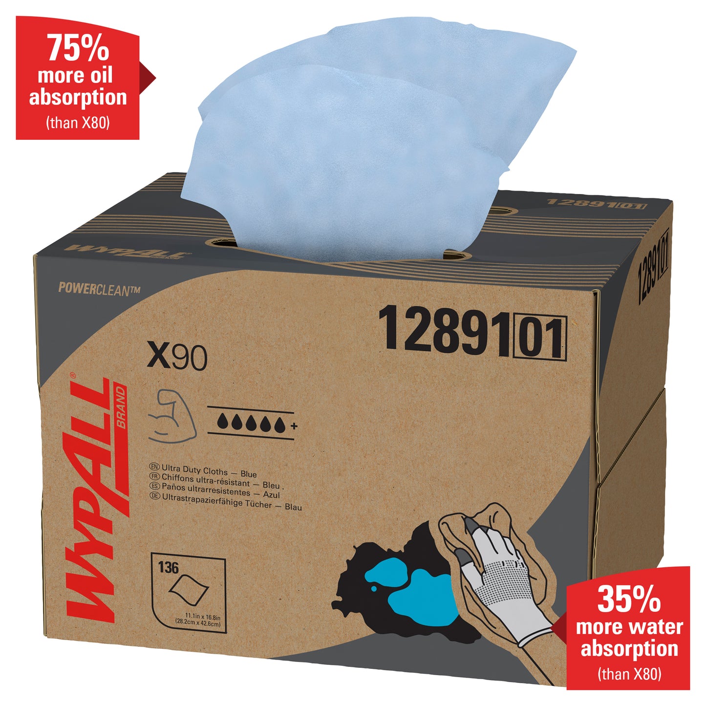 A WypAll® X90 PowerClean - BRAG™ Box/Kék (1 doboz x 136 lap) a Kimberly-Clark GmbH-tól 75%-kal több olajat és 35%-kal több vizet szív fel, mint az X80 - a legjobb megoldás erős szennyeződésekre.