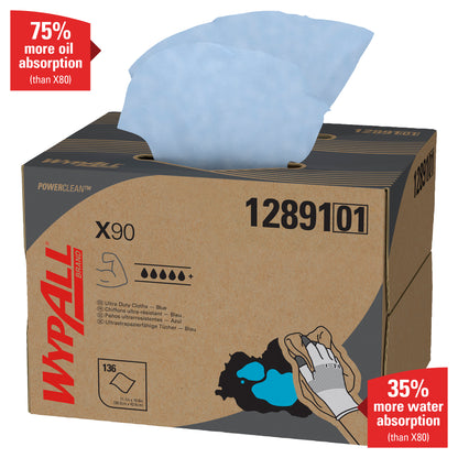 A WypAll® X90 PowerClean - BRAG™ Box/Kék (1 doboz x 136 lap) a Kimberly-Clark GmbH-tól 75%-kal több olajat és 35%-kal több vizet szív fel, mint az X80 - a legjobb megoldás erős szennyeződésekre.