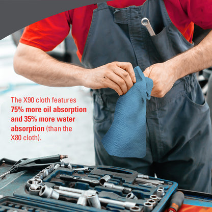 Egy munkaruhás személy egy kék WypAll® X90 PowerClean kendőt használ a Kimberly-Clark GmbH-tól egy munkapadon. A szöveg kiemeli az X80-hoz képest jobb olaj- és vízfelvételt, így ideális minden tisztítási megoldáshoz. 1 BRAG™ Box 136 lapot tartalmaz.