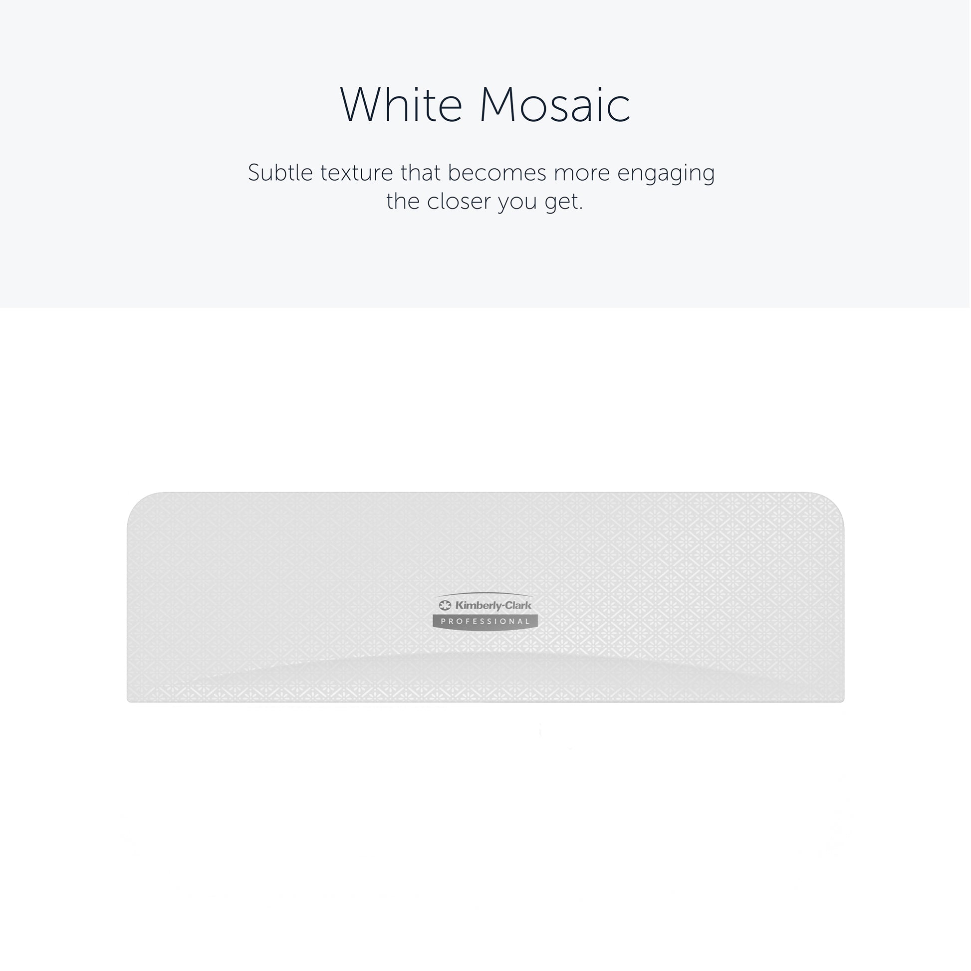 Die Kimberly-Clark Professional™ Icon™ Dispenser Faceplate - SRBH (32,39 x 10,80 x 3,18 cm) der Kimberly-Clark GmbH zeichnet sich durch ein weißes Mosaikmuster mit einer subtilen geometrischen Struktur und dem Schriftzug Kimberly-Clark Professional" in der Mitte der Vorderseite aus.