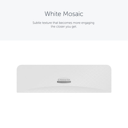 Die Kimberly-Clark Professional™ Icon™ Dispenser Faceplate - SRBH (32,39 x 10,80 x 3,18 cm) der Kimberly-Clark GmbH zeichnet sich durch ein weißes Mosaikmuster mit einer subtilen geometrischen Struktur und dem Schriftzug Kimberly-Clark Professional" in der Mitte der Vorderseite aus.